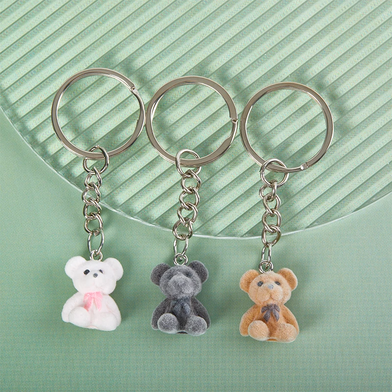 1PC 3D Cartoon Flocking Bear Keychain Bear Key Ring Animal Key Chains Souvenir Gifts For Women Men Car Keys DIY Jewelry