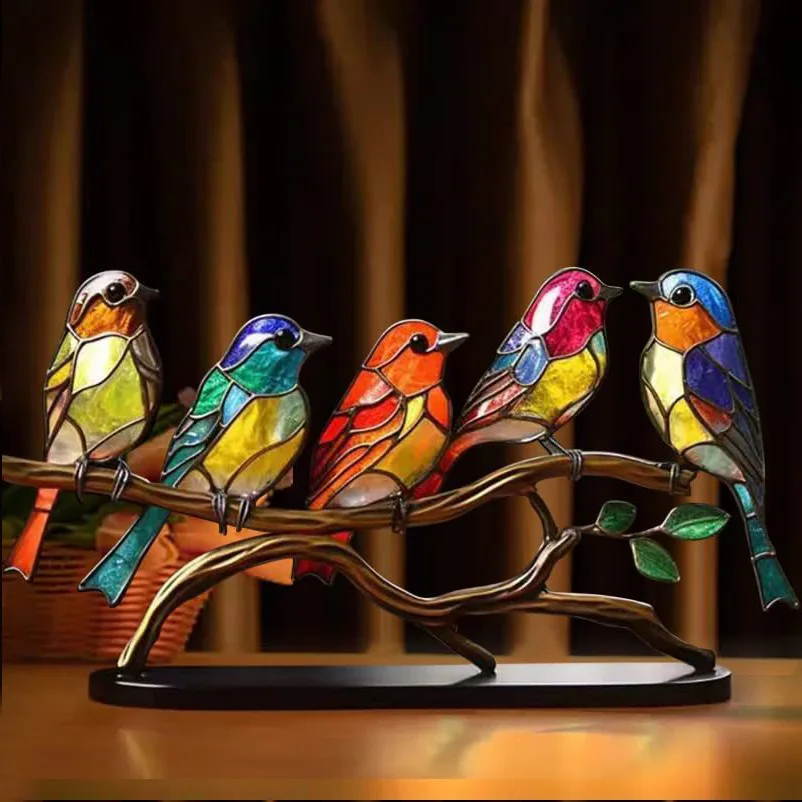 High Quality Manual Stained Acrylic Birds On Branch Desktop Ornaments Metal Material Double Sided Multicolor Style Birds Decorat