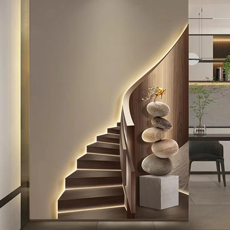 Modern light luxury entrance foyer light painting, stairway-shaped mural, spatial extension effect hanging painting, LED ambient
