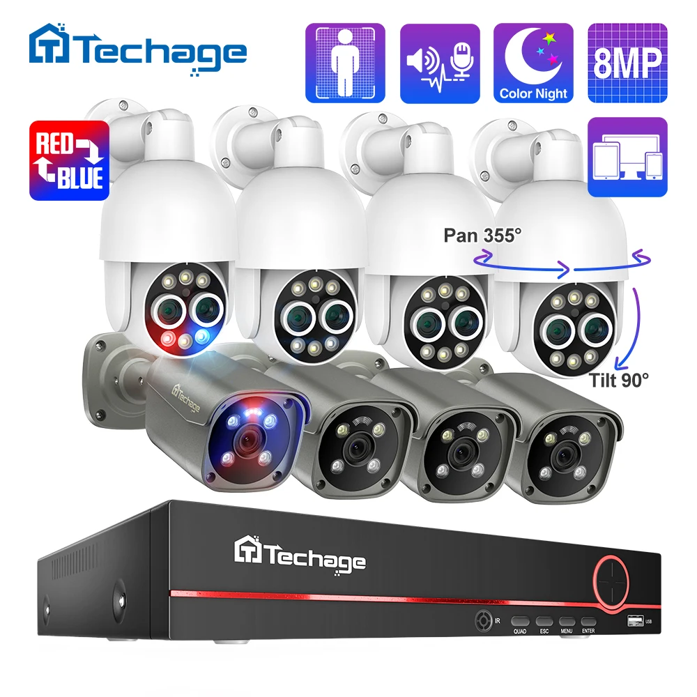 

Techage Outdoor 8CH 4K 8MP PoE Камера безопасности Smart AI Двусторонний аудио Проверка лиц CCTV Video Protection Suite P2P