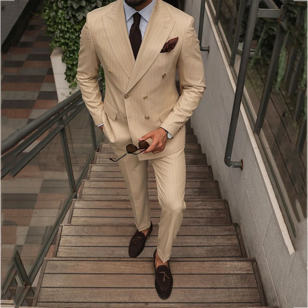 Formal Men Suits Striped Double Breasted 2 Pieces Peak Lapel Blazer Pants Luxury Slim Fit Business Casual Outfit High Quality
