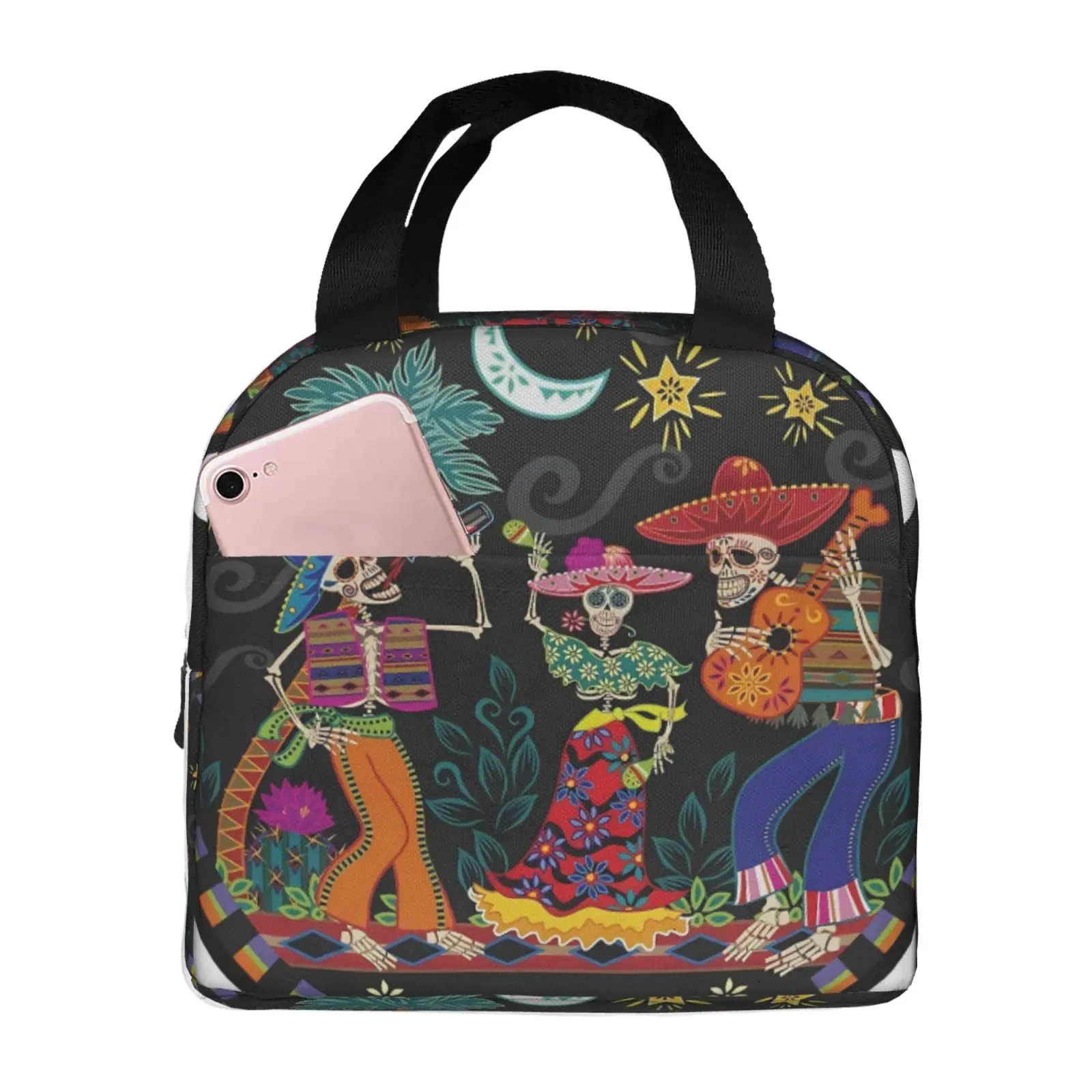 Dancing Skeleton Mexican Folk Print Portable Insulated Lunch Tote Bag, Waterproof Cooler Handbag, Unique Day of The Dead Gift