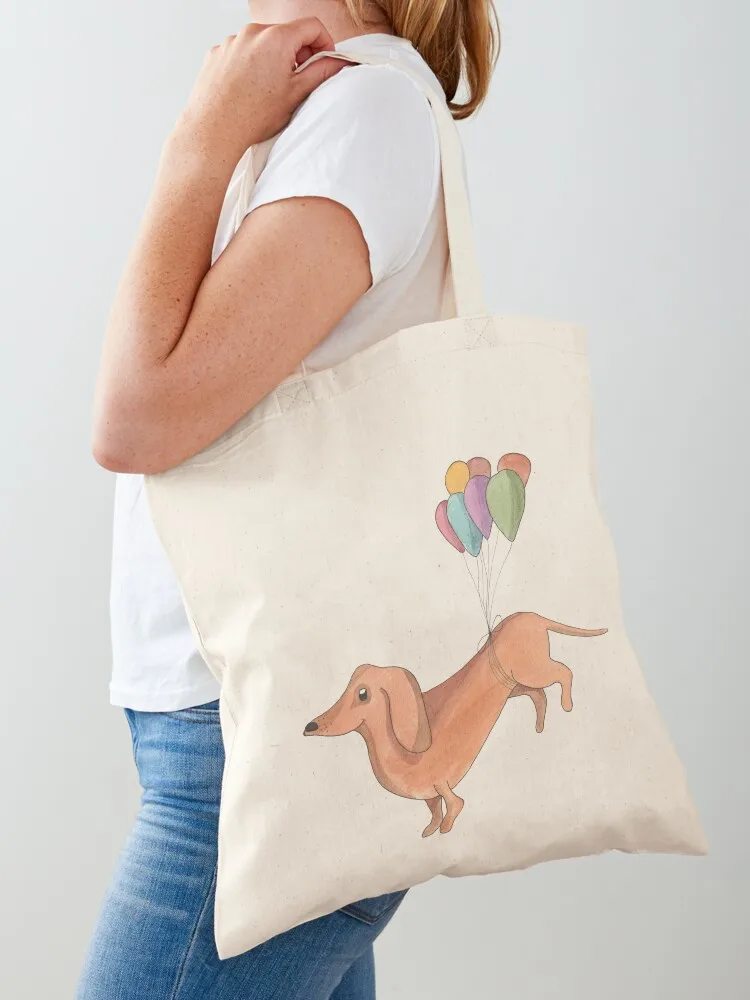 Watercolor of a Daschund Dog being lifted by balloons Tote Bag Women's beach bags Canvas Tote Bag