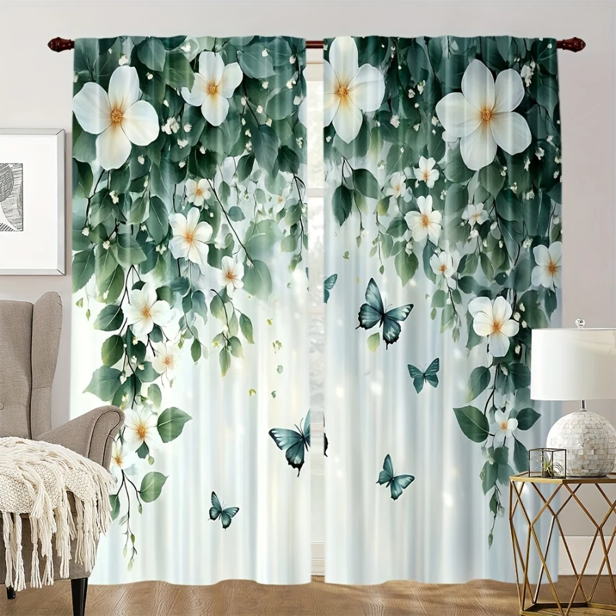 2PCS Digital Printed Curtains, Flower Dew Green Butterfly Fresh Morning, Modern Home Decor Style for Living Room Bedroom Decor