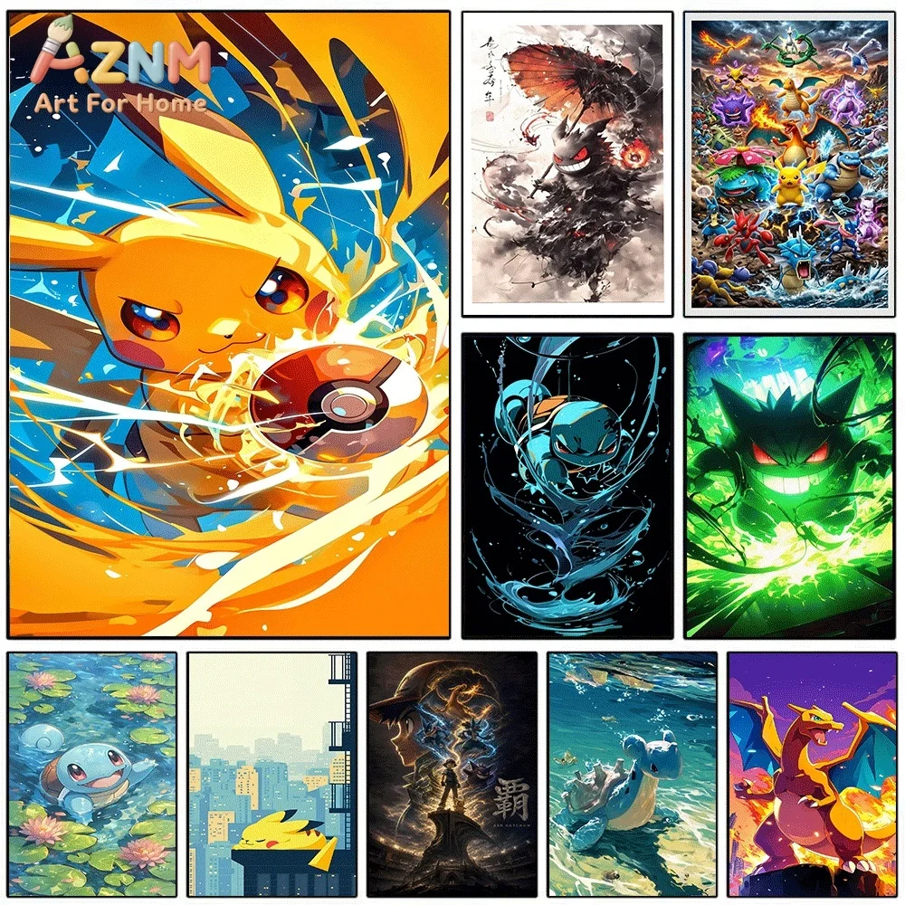 Anime Pokemon Lightning‑powered Pikachu Canvas Wall Art, Dynamic Pocket Monster Cartoon Frameless Canvas Painting for Kids Bed