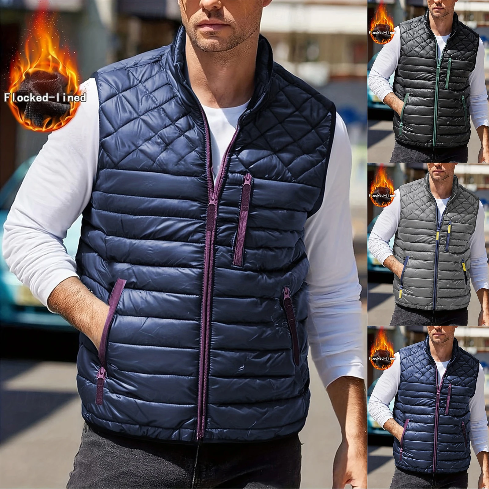 

Men'S Vest Solid Color Fleece Lined Zip Up Vest Stand Collar Sleeveless Outdoor Casual Warm Vest Jacket Hiking Vests Waistcoats