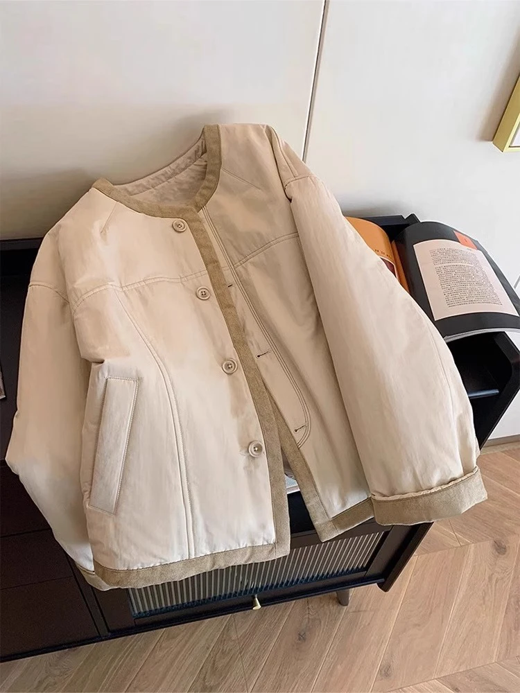 

Женская демисезонная повседневная куртка из утолщенного хлопка с ретро-дизайном и цветными вставками для повседневной носки