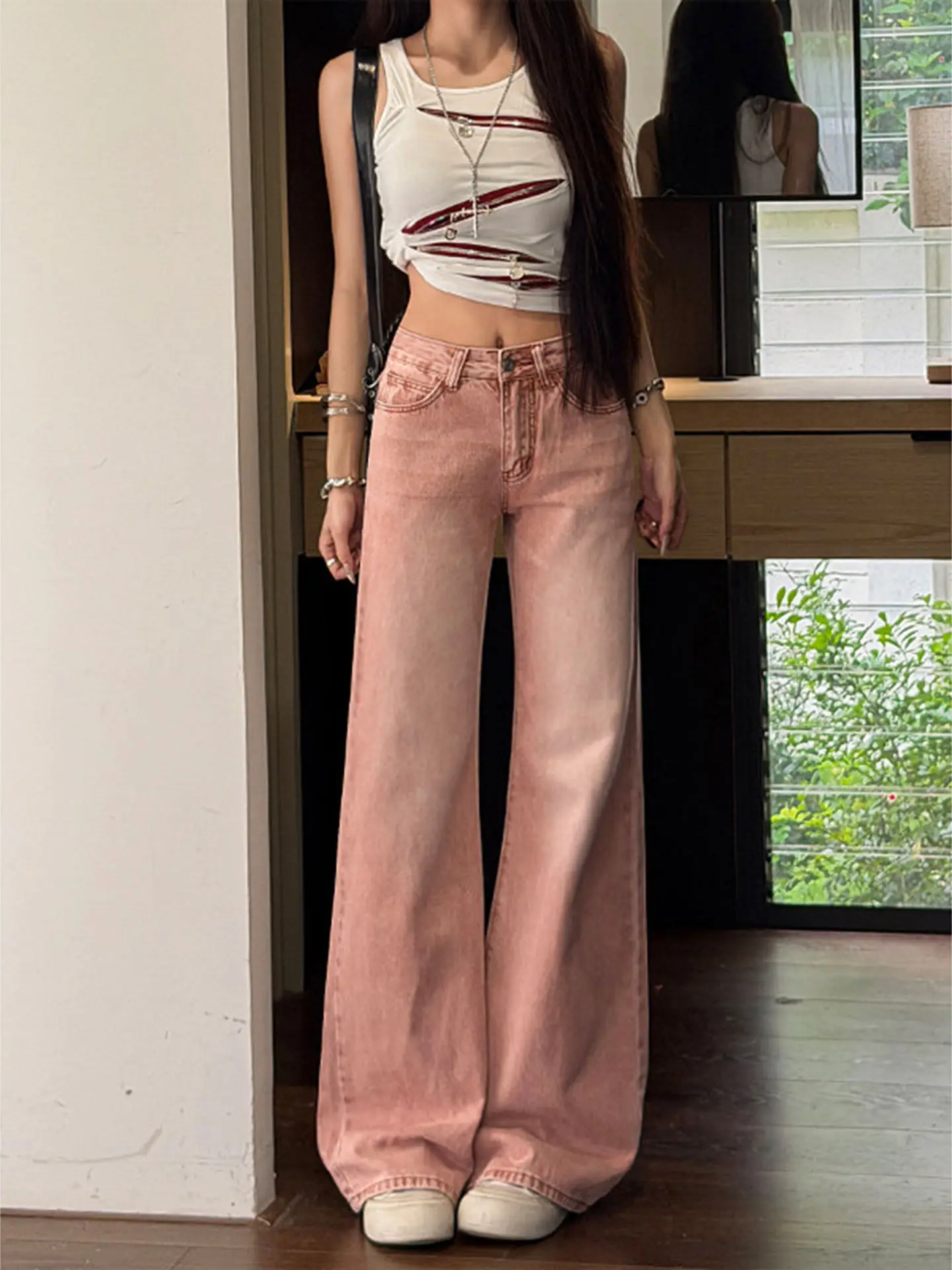 Sweet Retro Pink Flare Jeans for Women American Casual Fashion High Waist Loose Trousers Streetwear Spicy Girls Chic Denim Pants