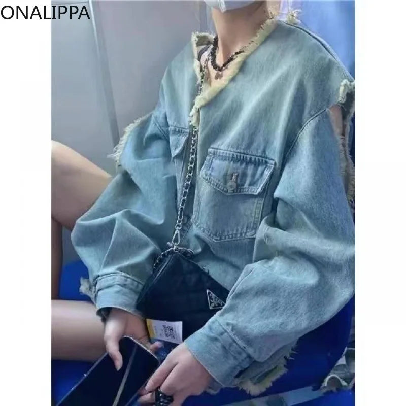 Onalippa Off-shoulder Tassel Denim Jacket Women Vintage V Neck Single Breasted Ripped Tops Korean High Street Casual Jackets