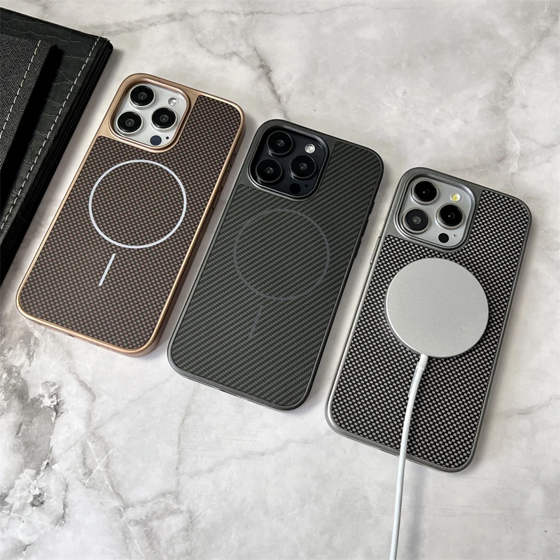 Carbon Fibre Texture for MagSafe Phone Case for iPhone 16 17 17pro max 15 Pro 14 13 12 Magnetic Wireless Charging Bumper Cover