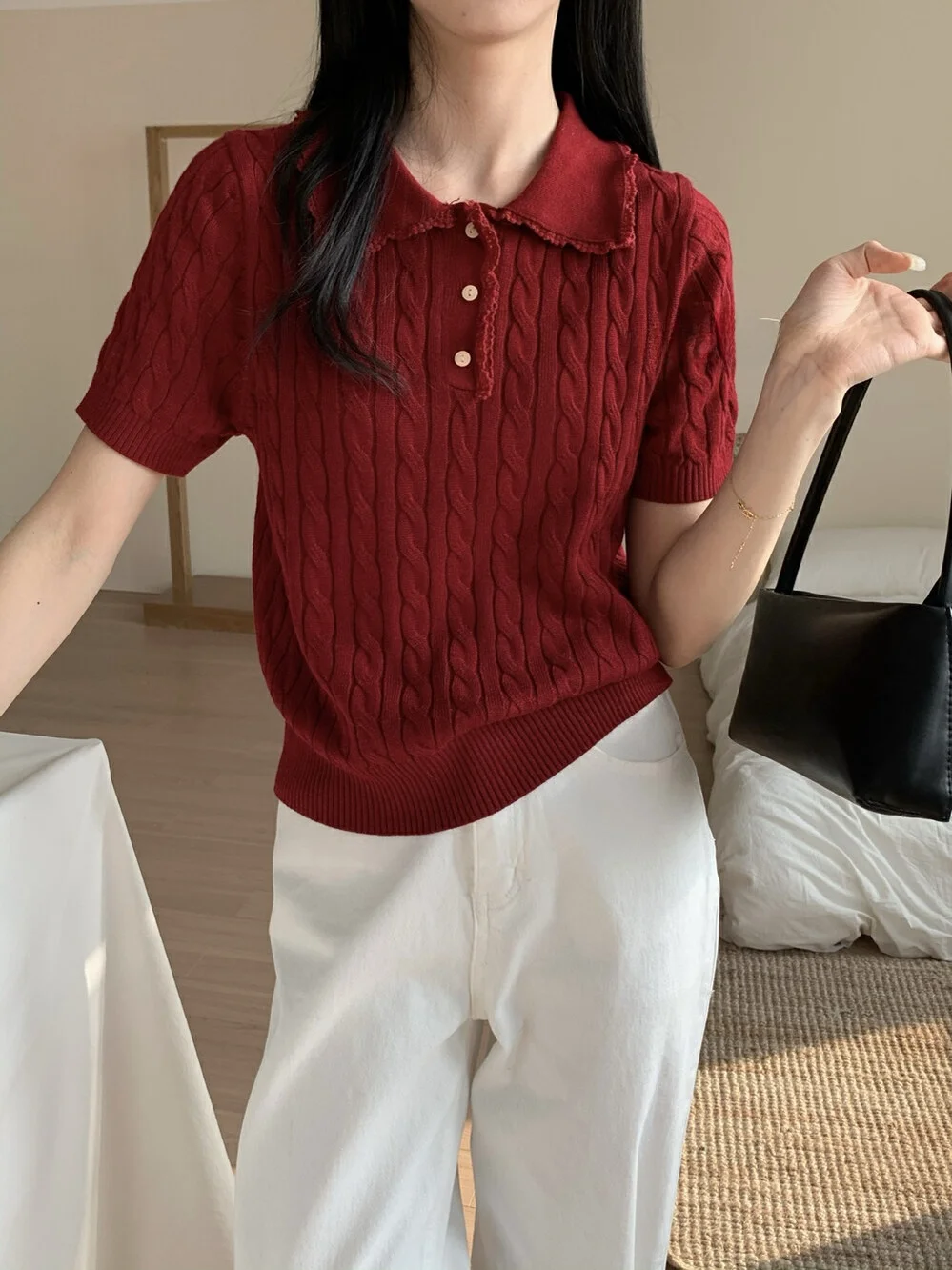 

Summer 2025 Collar Knitted Sweater ort Sve T-irt Korean Sle Versatile Design Comfortable Commute Faion