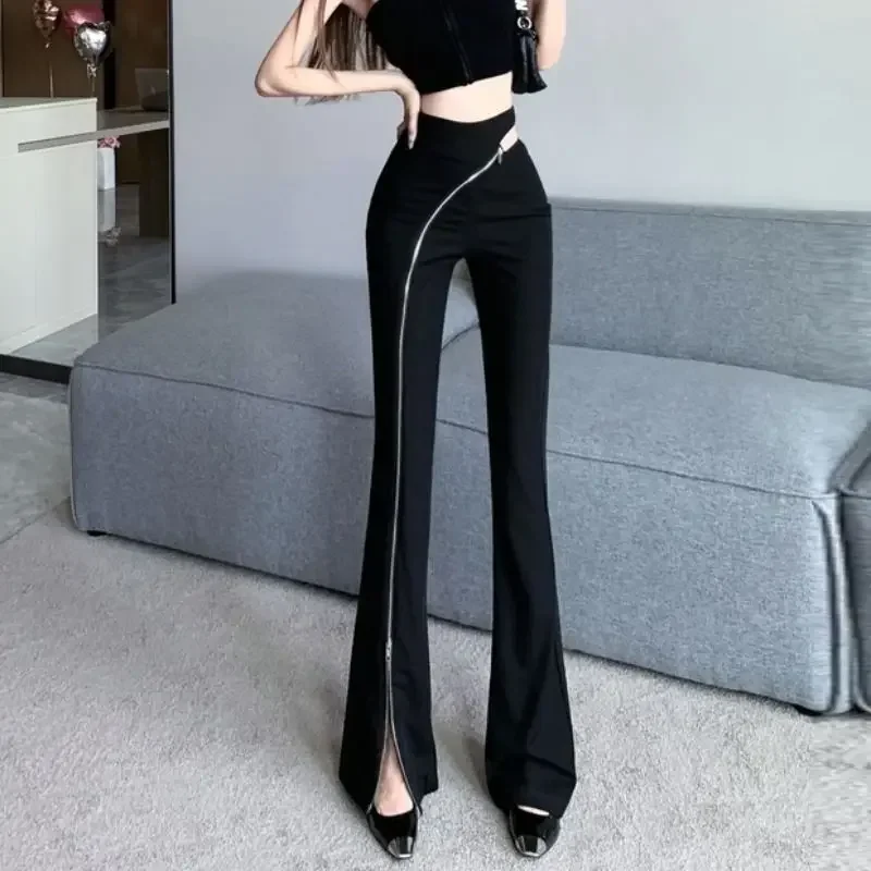 

Women's Spring and Autumn New Fashion Elegant Solid Color Zipper Splice Casual Sexy Commuter High Waist Straight Horn Pants L41
