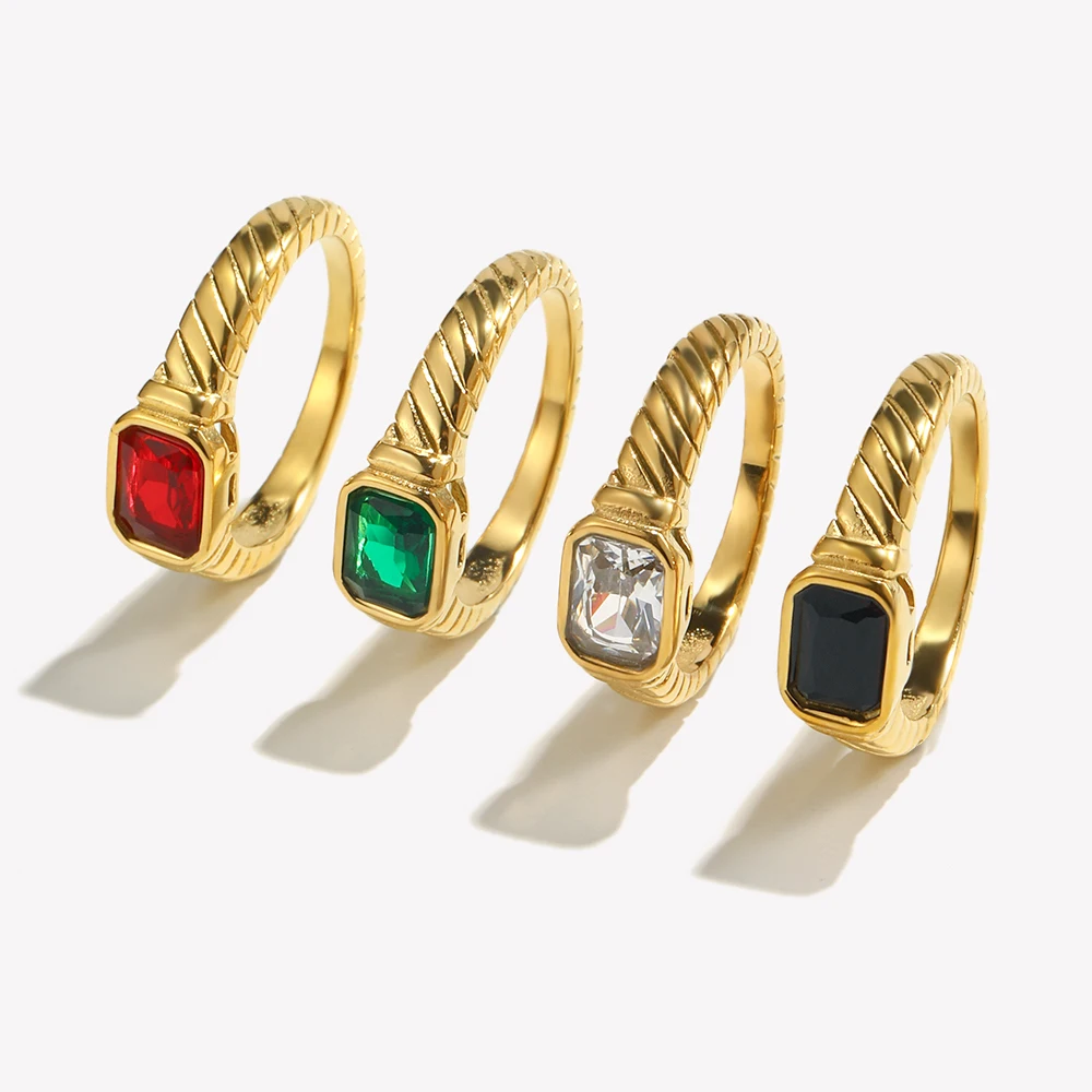 E.B.belle Thin Ring Band Texture Engraved Small Square 3A Cubic Zirconia Stone Ring Black White Green Red Gemstone Ring