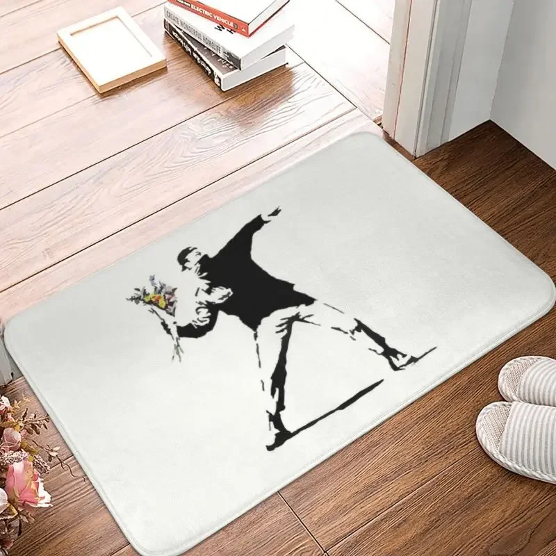 Banksy Rage Flower Bomber Doormat Anti-Slip Kitchen Bath Mat Garden Floor Door Entrance Carpet Rug Toilet Living Room Footpad