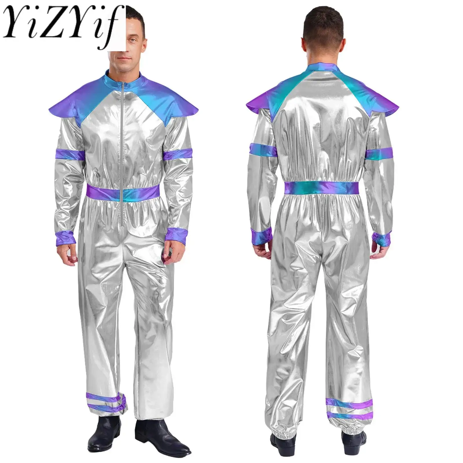 

Men's Halloween Retro Space Alien Astronaut Cosplay Jumpsuits Holographic Deluxe Shiny Metallic Robot Stage Performance Costume