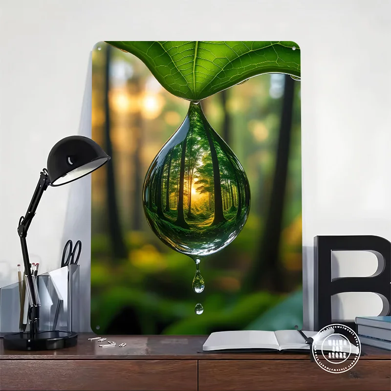 Forest Reflection in Water Drop Printing Poster Customized Retro Wall Art Vintage Metal Signs for Decor Room Decoration Gaming