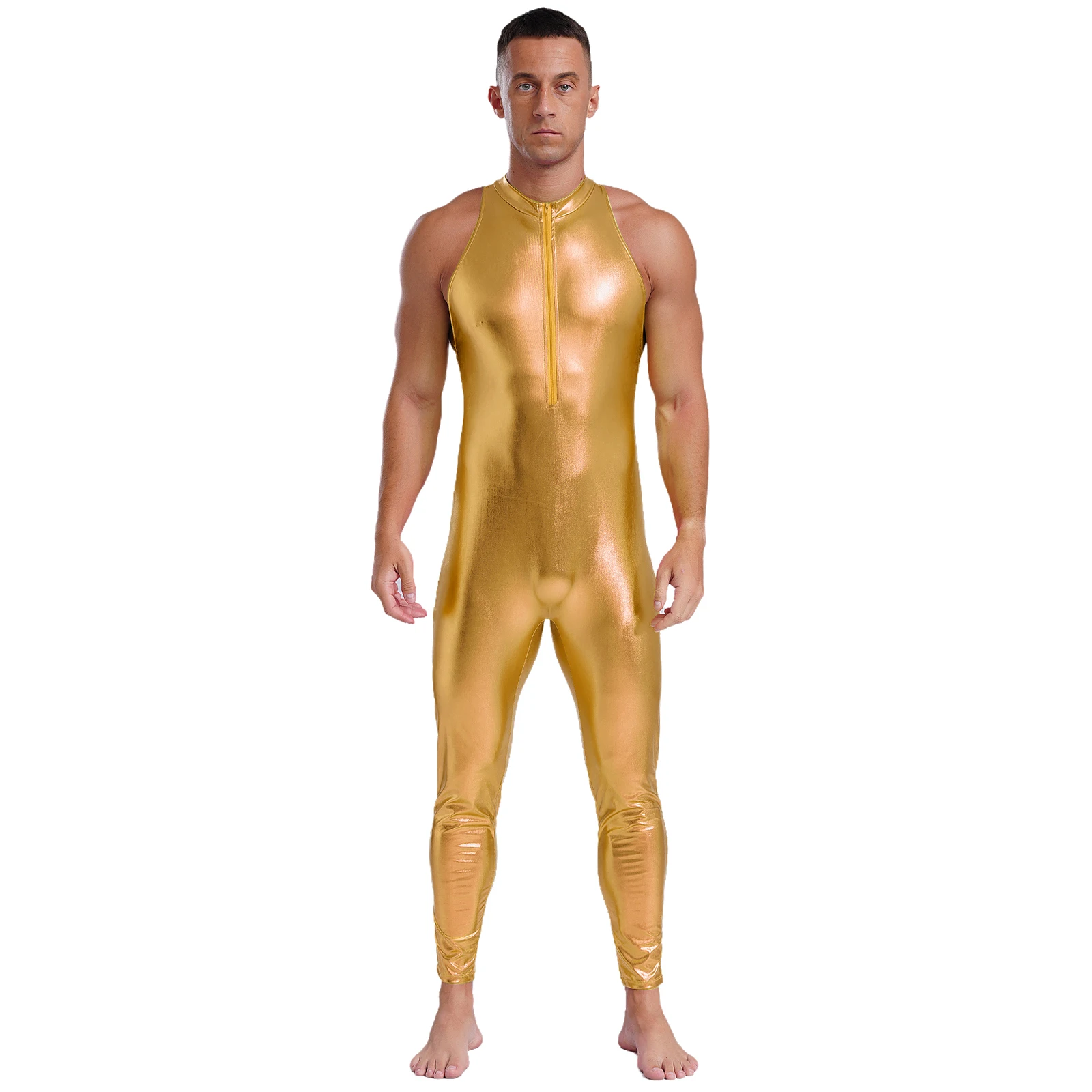 

Mens Metallic Shiny Disco Fitness Bodysuit Unitard Sleeveless Back Cutout Long Pants Bottom Rompers Jumpsuit Clubwear Dancewear