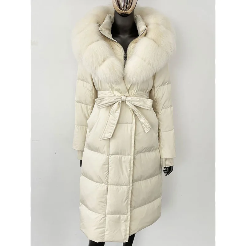 HUISONG Long Hooded Puffer Jacket Women New Winter Warm White Goose Down Jacket Women Real Fox Fur Coat Female Natural Fur Coat