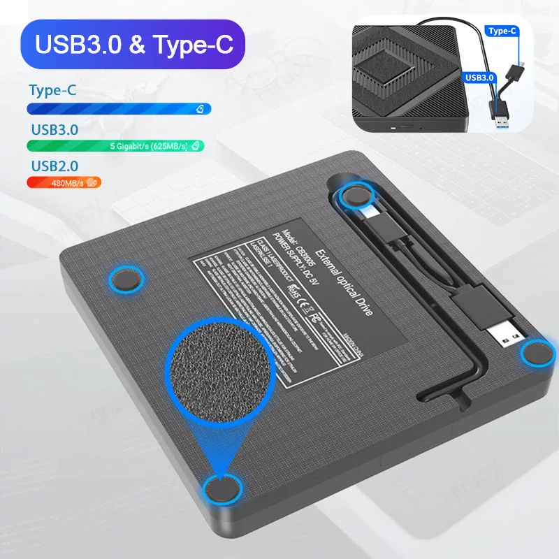 Внешний оптический привод USB3.0 Type C с армированным рисунком, устройство записи CD, DVD, RW, портативный CD-плеер для ноутбука, ПК, ноутбука