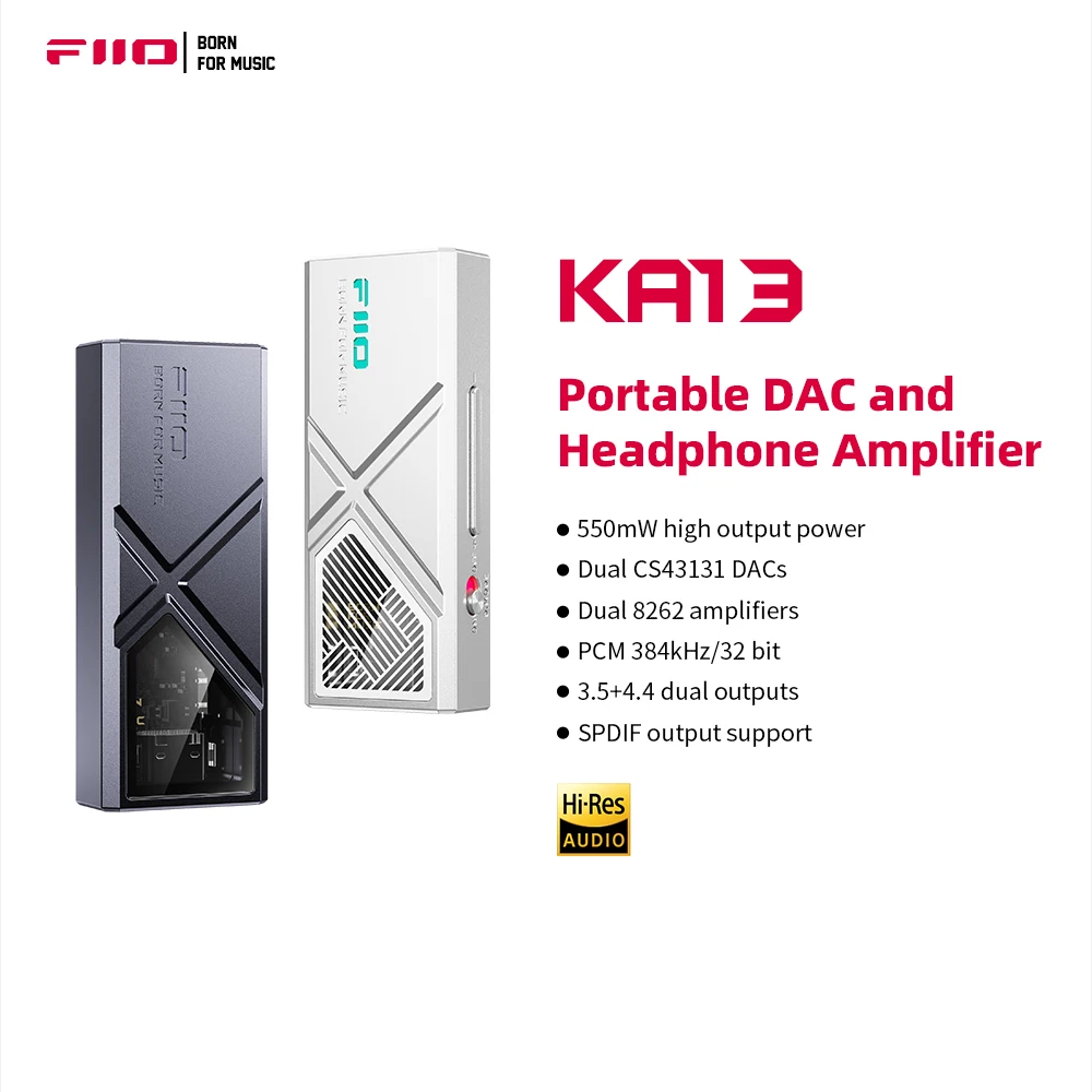 Fiio Ka13 Dual Cs43131 Draagbare Dac Versterker Voor Ios/Android 3.5Mm Single-End En 4.4Mm Gebalanceerde Output, 550Mw Hoog Vermogen