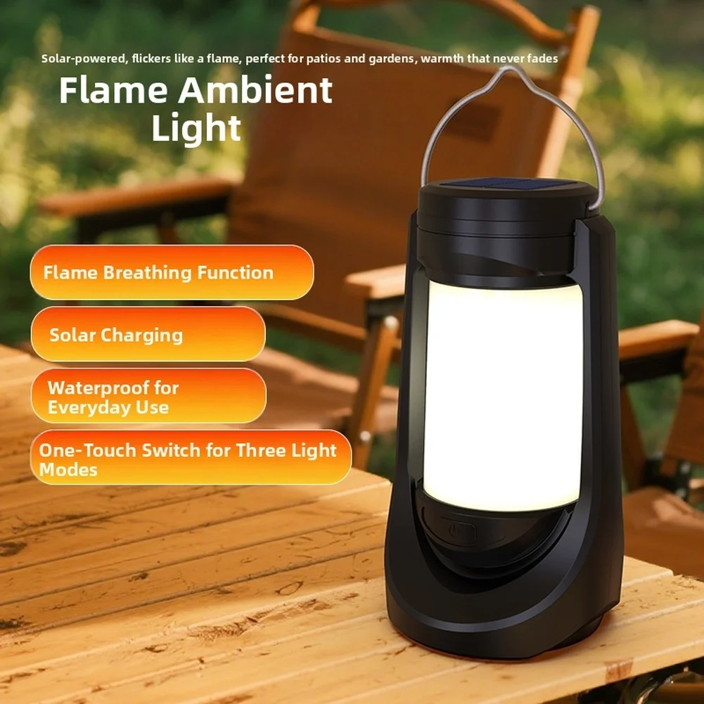 Compact Solar Rechargeable Camping Light with Flame Simulation and Adjustable Brightness for Nighttime Outdoor Tasks