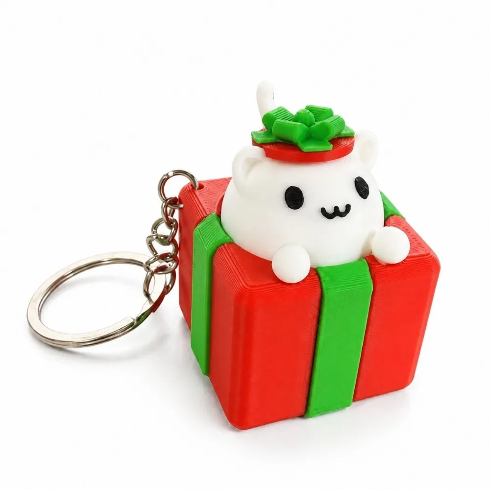 3D Printed Christmas Clicker Keychain Gift Box Shape Cat Button Press Key Ring Kawaii Style Cute Fidget Bag Cat Keychain