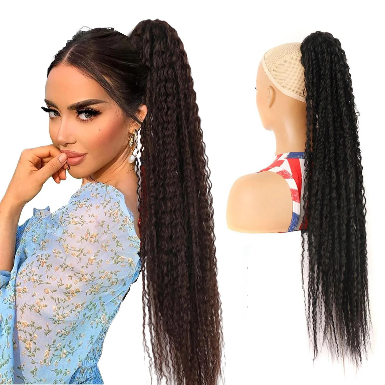 30Inch Synthetic Hair Fiber Long Wavy Hair Ponytail Extensions Fake Hair Chip-In Ombre Heat Resistant Curly Pony Tail