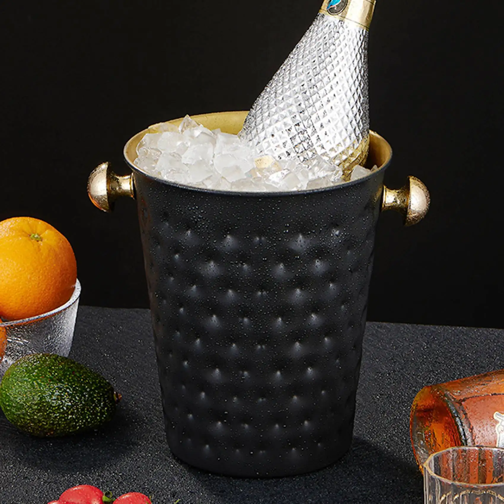 Reliable! Creative Stainless Steel Hammered Ice Bucket Wine Champagne Bucket Home Hotel Ice Cube Supplies KTV Supplies,Black