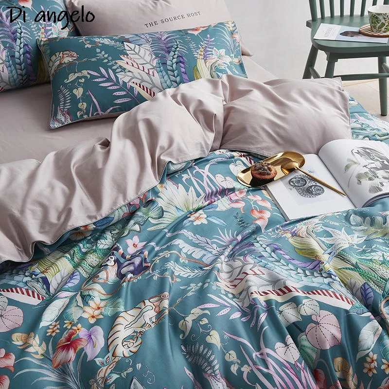600TC 4Pcs Egyptian Cotton Flower Bird Digital Printing Bedding Sets, Bed Linen Duvet Cover Set, Luxury Bed Sheets, Pillowcase#/