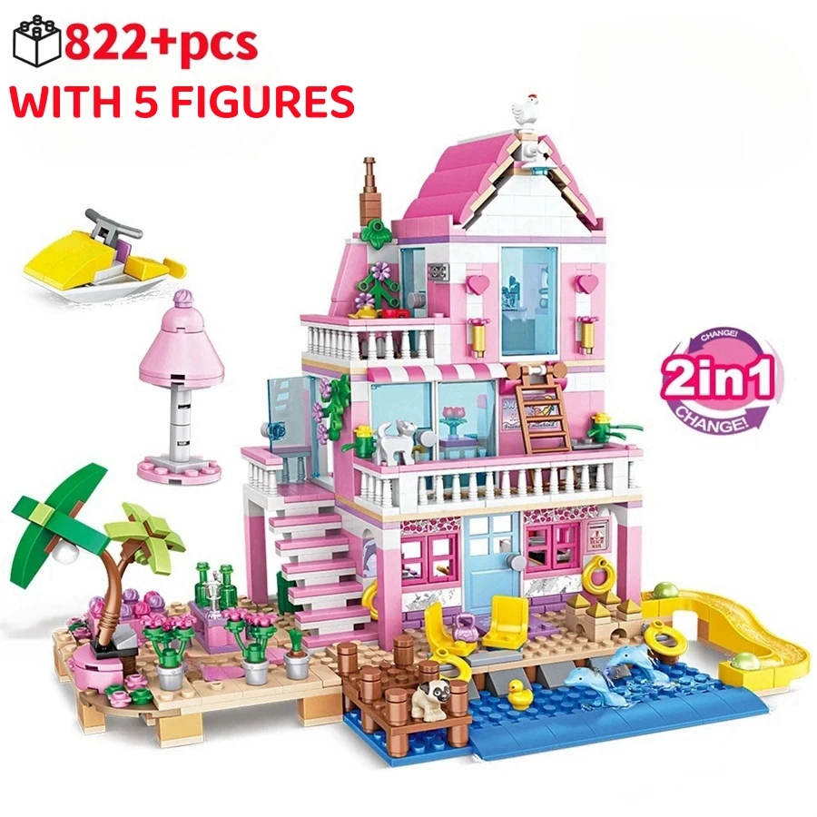 

FUNXINEE 822Pcs Double-Layer Beach Villa Transformable House Building Blocks Creative Ornament Birthday Gift For Girls