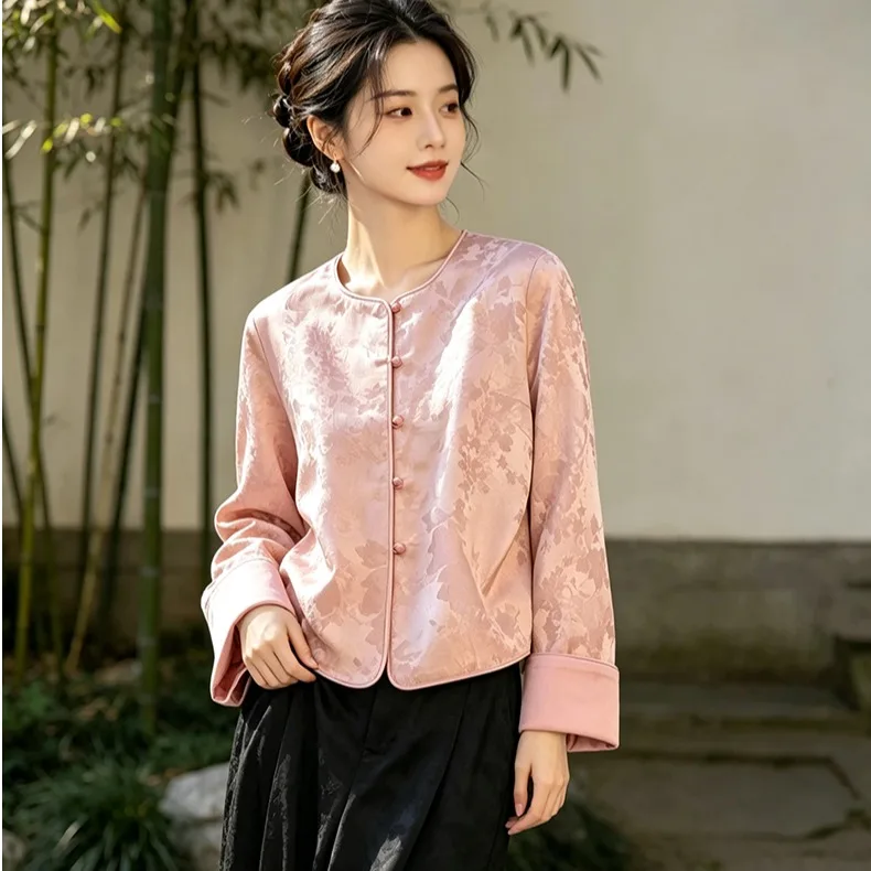 New Chinese Style Retro Autumn Heavy Embroidery Button Long Sleeve Shirt Open Cardigan National Trend Improved Sleeve Flip