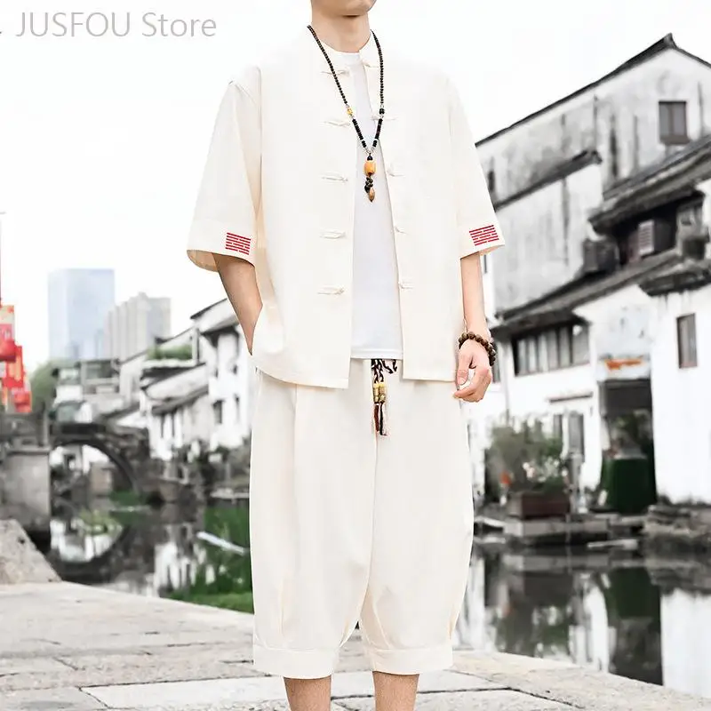 Men Plus Size Chinese Tang Suit Two Piece Set Short Sleeve Shirt and Cropped Pants Loose Kung Fu Tai Chi Casual Outfit