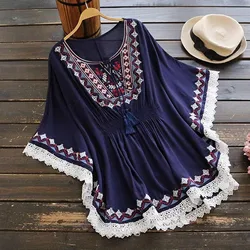 2024 Summer New Retro Patchwork Print Lace Pullover Tops Women's Clothing Round Neck Lace-up Seven-point Sleeve Shirt Boho Trend