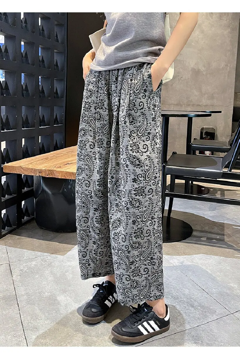 Cotton and Linen Jacquard Wide-Leg Pants, 2025 Summer Women's Linen Trousers, Lazy Style Cropped Pants