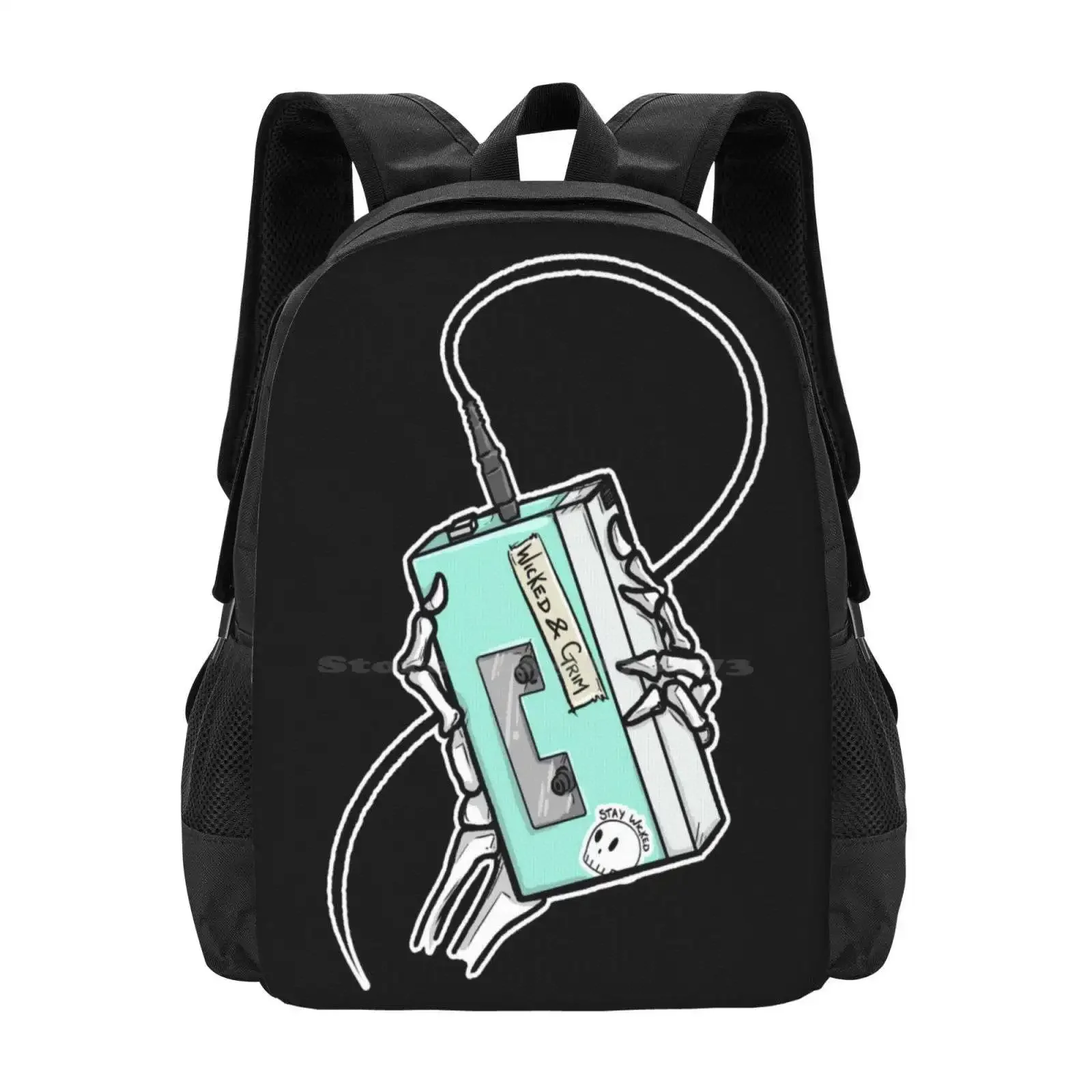 

Walkman And Grim Pattern Design Laptop Travel School Bags Skeleton Voices Wicked And Grim Horror Creepy True Crime Podcast Walk