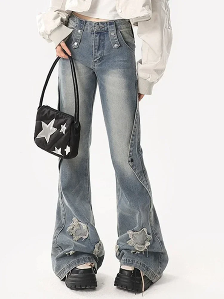 

New Chicly Tassels Star Classic Flare Baggy Jeans Women Summer Blue Y2K Fashion Vintage Simple Casual Female High Waisted Jeans