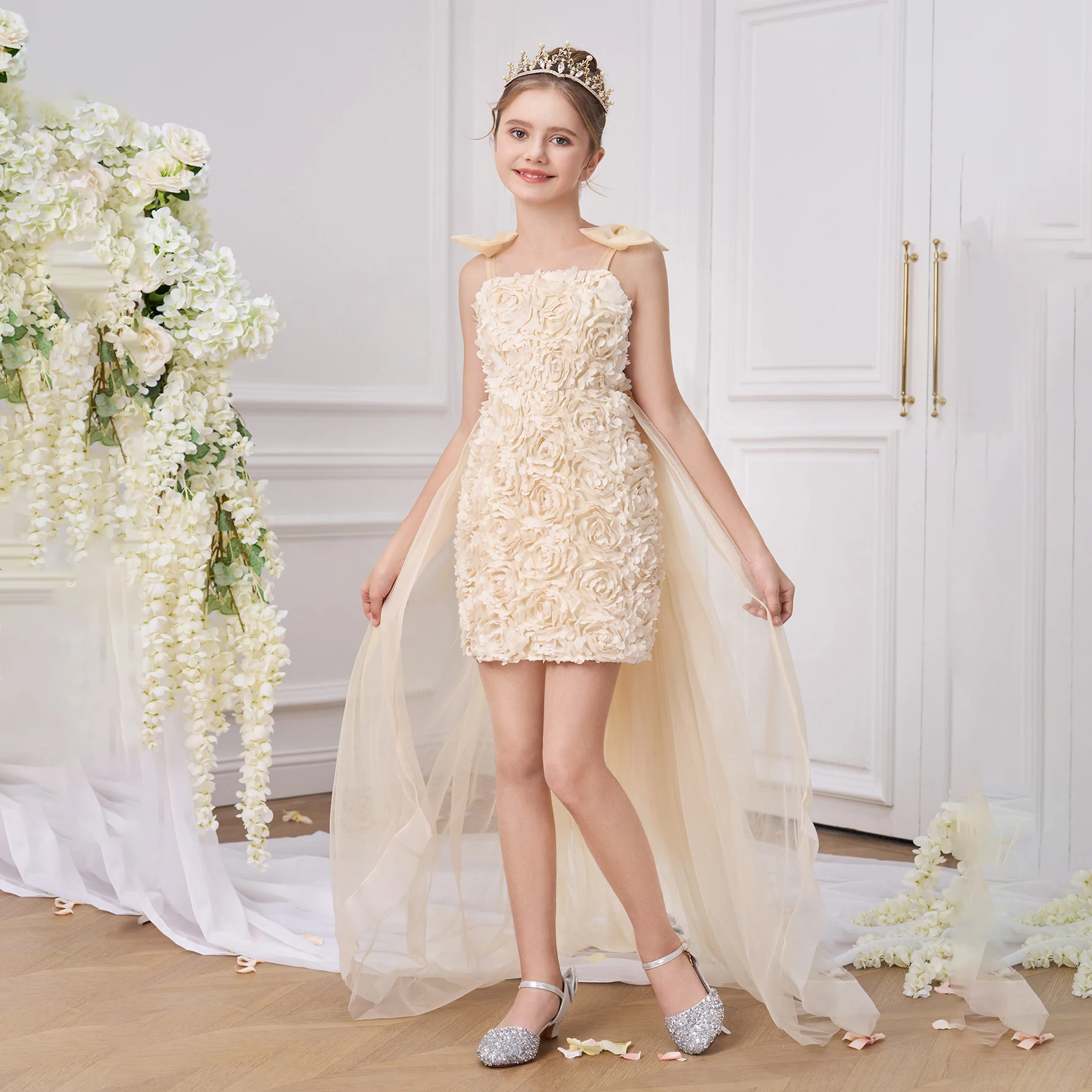 

Элегантное платье подружки невесты с объемным цветком для девочек, торжественное тюлевое платье со шлейфом на свадьбу, платье принцессы для выпускного вечера, детское вечернее платье с бантом на день рождения