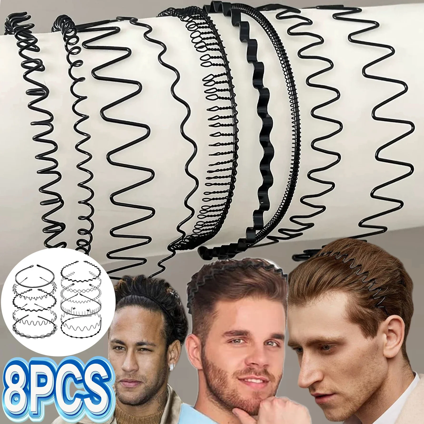 1/8pcs Unisex Black Elastic Non Slip Metal Headbands For Men Women Wavy Hairband Spring Hair Hoop Fashion Hair Accessories