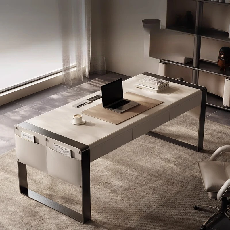 Light luxury high-end saddle leather solid wood home computer desk