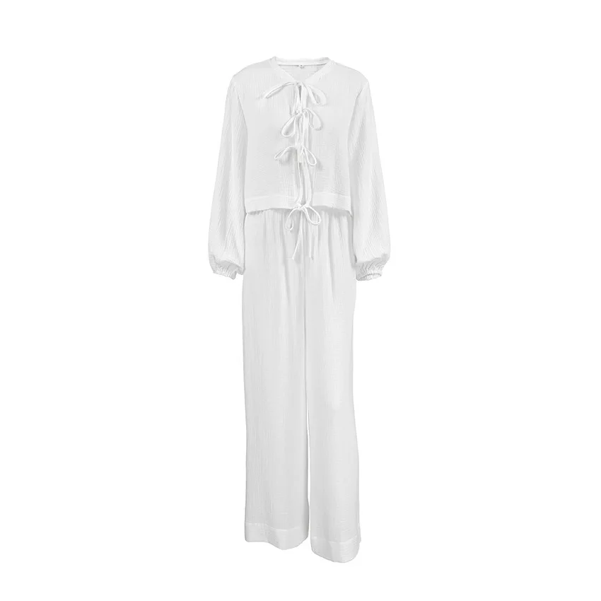 2024 Spring New Comfortable Soft White Fashionable Long Sleeved Pants Pure Cotton Pajama Set Home Furnishing For Women