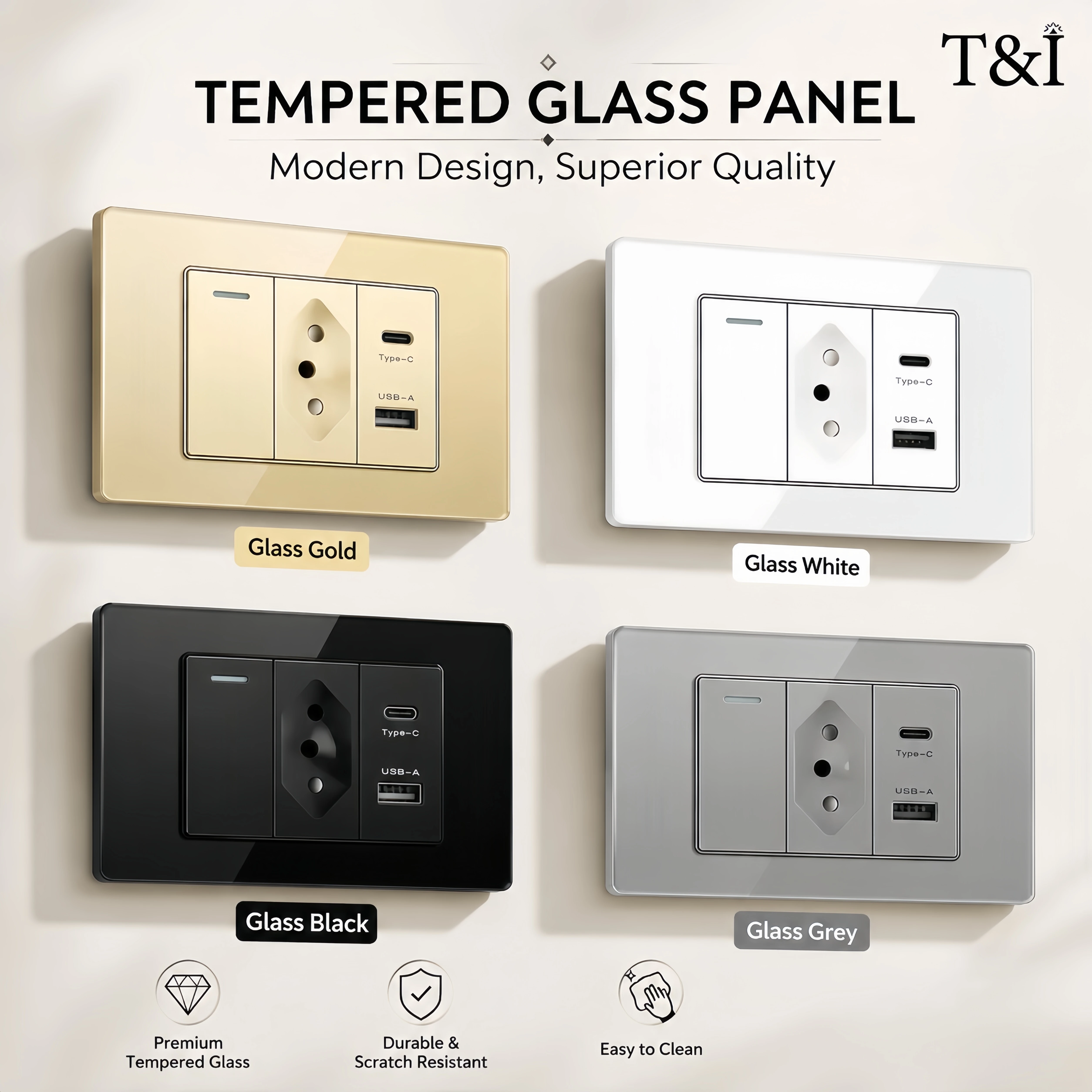 

118 Design Brazil Socket, Modern Tempered Glass Wall Power Outlet, Decorative Electrical Plate for Living Room Bedroom Home Use