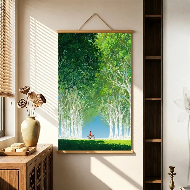 Room Decor Green Dream Hills beneath Floating Clouds, Pearlescent Canvas Hanging Scroll for Childrens Bedroom Interior Decor