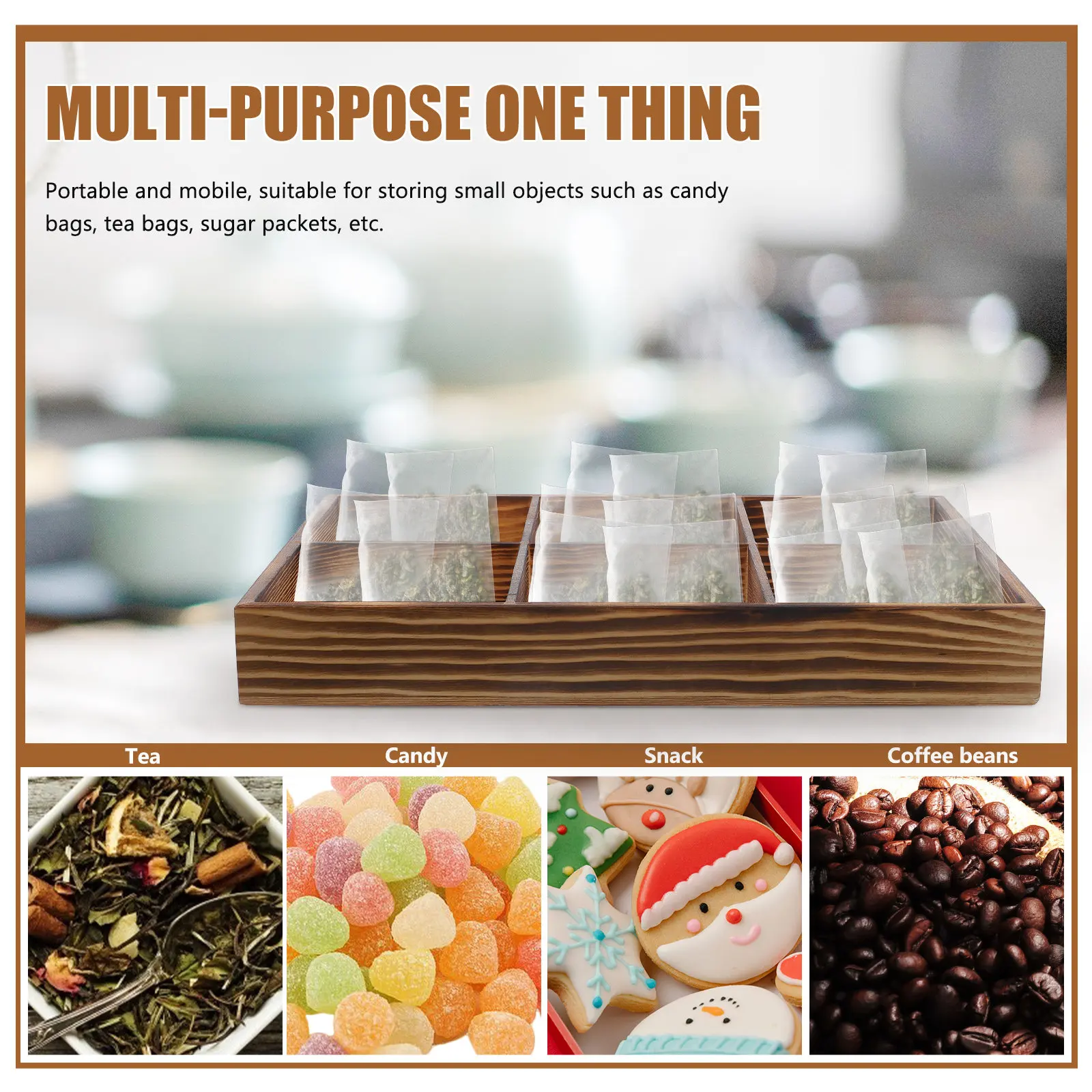 Wood Tea Bag Storage Box 6 Compartments Organizer for Tea Coffee Snacks Sugar Packet Holder Portable Wooden Organizer
