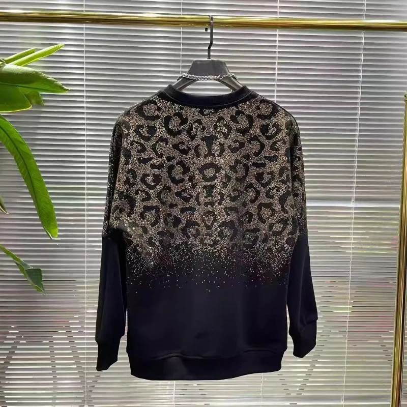 2025 New Fashion Handsome Trend Leisure Versatile Long-sleeved Sweatershirt Loose Hot Diamond Round Neck Black Personality Top