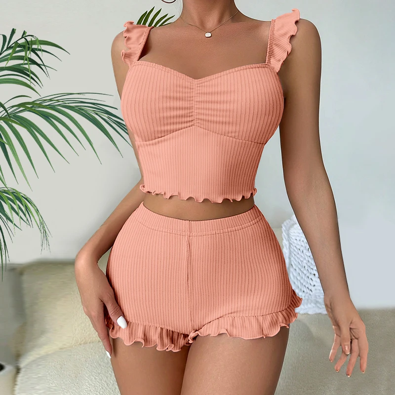 2024 Sexy Ppajama Set for Women Small Fly Sleeve Straps and Ruffled Shorts Sleepwear Girls Bra Lingerie Outdoor Wear Loungewear