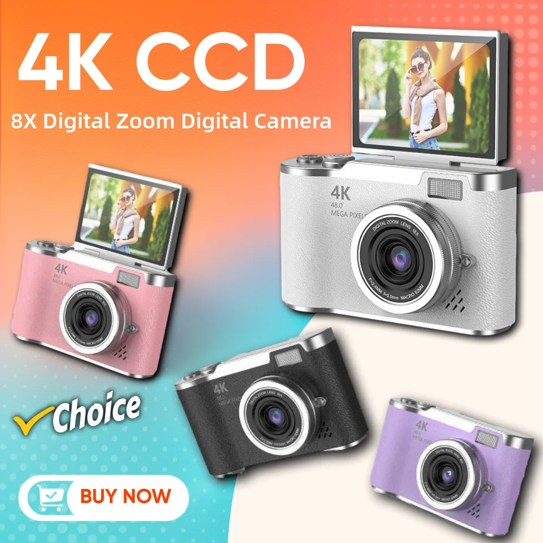 

4K Digital Camera CCD 180° Flip Screen Selfie Camera 8X Digital Zoom 48MP Portable Digital Photography Camera with 32G Cards