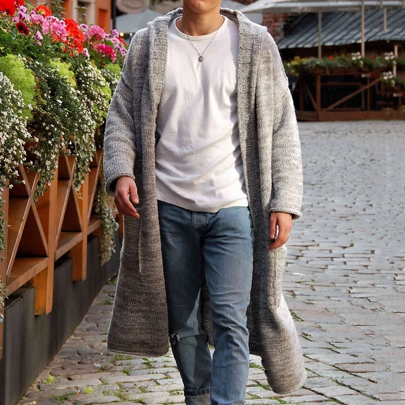 الذكور الخريف الشتاء رمادي سترة Sweatercoat خليط جيوب طويلة فضفاضة ملابس خارجية كم كامل الرجال تريكو مقنعين معطف غير رسمي