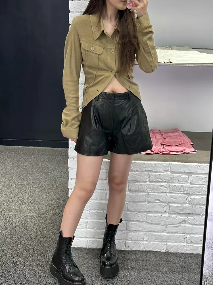 

Retro waist-cinching and slimming lapel short shirt for women, casual brown lapel multi-pocket top, 2025 Autumn new style