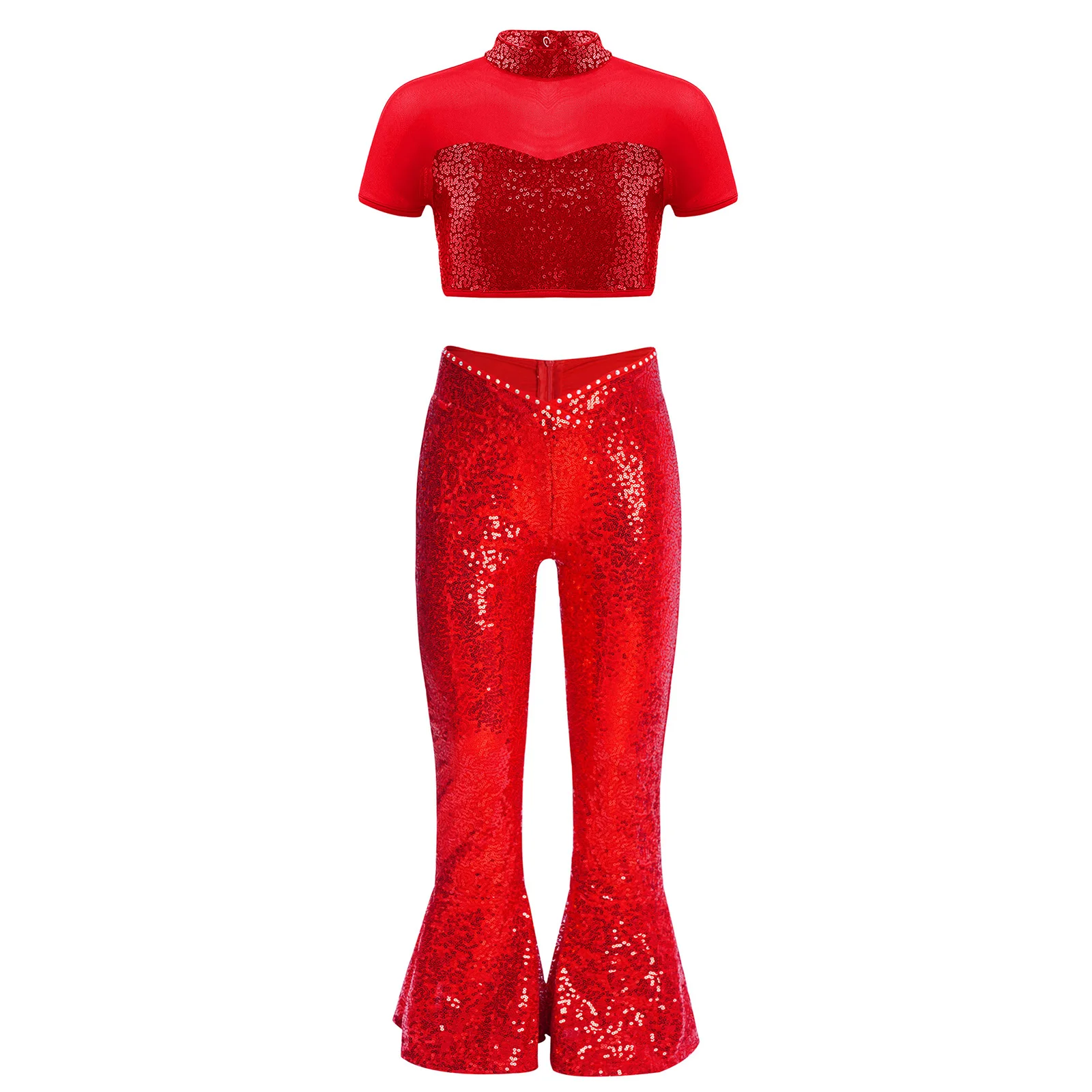 

Kids Girls Jazz Disco Dance Costumes Short Sleeve Mesh Cutout Back Shiny Sequins Crop Tops+Bell Bottom Pants Modern Dancewear