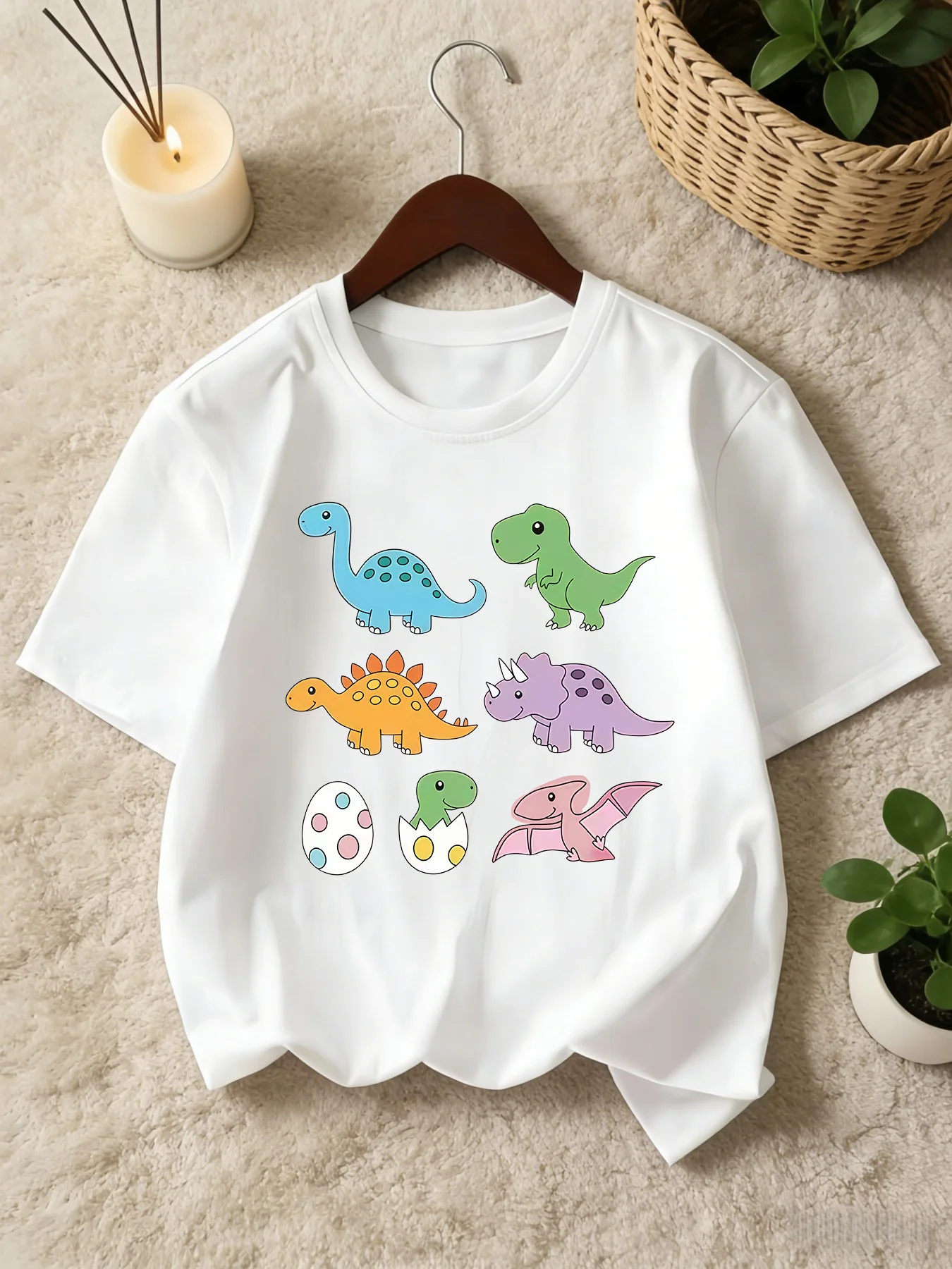 Cute Cartoon Dinosaur Collection Graphic Print Kids Tee Boys Girls Family Matching Cotton Crew Neck Short Sleeve Soft Summer Tee